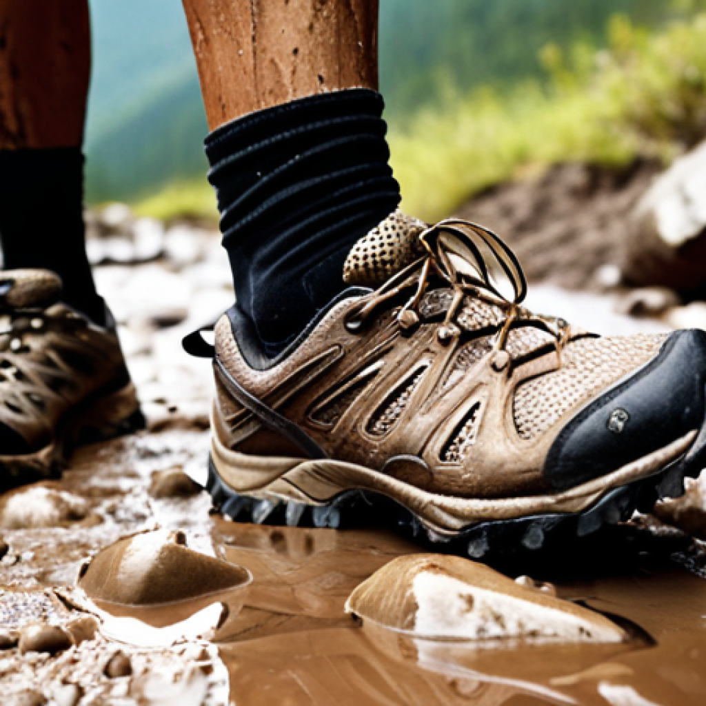 **Prompt:** A close-up shot of trail shoes on a muddy, rocky mountain path. Focus on the aggressive tread pattern providing grip. Include water splashes for a sense of ruggedness. Emphasis on durability and terrain.