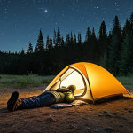 An individual bivouacking under an immense, crystal-clear starry night sky. The scene evokes a profound sense of serene freedom and a deep connection with nature. The person is comfortably nestled in a modern, compact sleeping bag, possibly within a minimalist bivy bag or a small, lightweight dome tent/tarp setup. The setting is a tranquil natural landscape, such as a quiet forest clearing or a vast open field, with subtle hints of surrounding wilderness. The primary light sources are the stars and moonlight, possibly with a faint, warm glow from a discreet headlamp or inside the shelter, adding to the peaceful, magical, and reflective atmosphere.