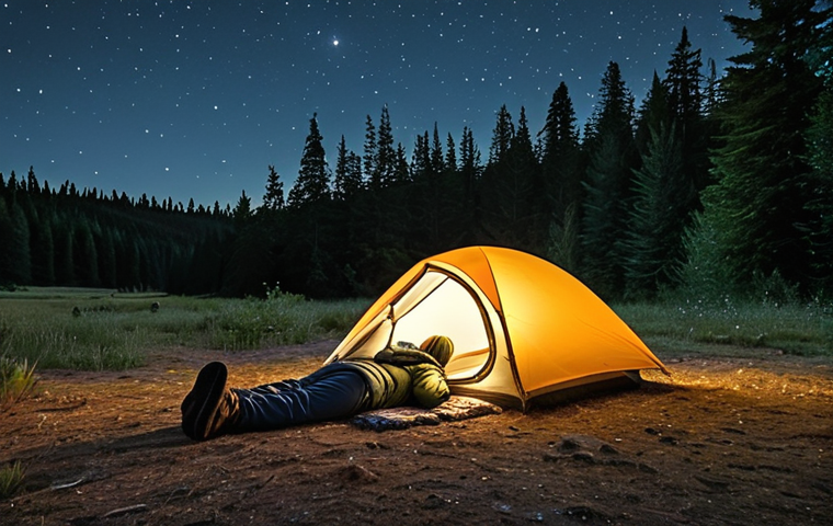 An individual bivouacking under an immense, crystal-clear starry night sky. The scene evokes a profound sense of serene freedom and a deep connection with nature. The person is comfortably nestled in a modern, compact sleeping bag, possibly within a minimalist bivy bag or a small, lightweight dome tent/tarp setup. The setting is a tranquil natural landscape, such as a quiet forest clearing or a vast open field, with subtle hints of surrounding wilderness. The primary light sources are the stars and moonlight, possibly with a faint, warm glow from a discreet headlamp or inside the shelter, adding to the peaceful, magical, and reflective atmosphere.