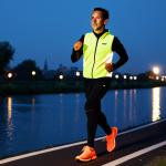 A lone adult runner, gender neutral, in a dynamic running pose. The runner is wearing a cutting-edge reflective running vest with integrated, actively glowing LED lights, paired with modest, professional dark running apparel and athletic shoes. The scene is set on a dark canal path at dusk, with the distant, soft glow of city lights reflecting on the water, and occasional car headlights in the background. A light mist adds to the atmosphere, highlighting the runner's bright, active illumination. professional photography, high detail, perfect anatomy, correct proportions, natural pose, well-formed hands, proper finger count, natural body proportions, safe for work, appropriate content, fully clothed, modest, family-friendly.