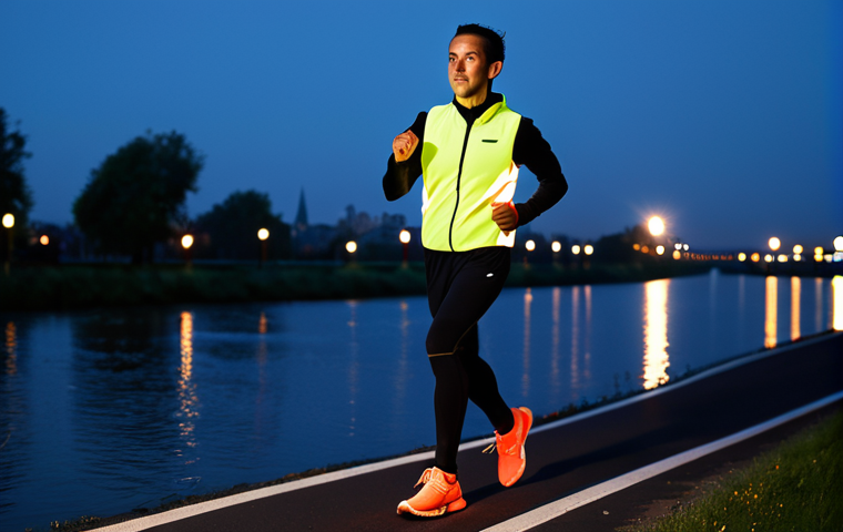 A lone adult runner, gender neutral, in a dynamic running pose. The runner is wearing a cutting-edge reflective running vest with integrated, actively glowing LED lights, paired with modest, professional dark running apparel and athletic shoes. The scene is set on a dark canal path at dusk, with the distant, soft glow of city lights reflecting on the water, and occasional car headlights in the background. A light mist adds to the atmosphere, highlighting the runner's bright, active illumination. professional photography, high detail, perfect anatomy, correct proportions, natural pose, well-formed hands, proper finger count, natural body proportions, safe for work, appropriate content, fully clothed, modest, family-friendly.