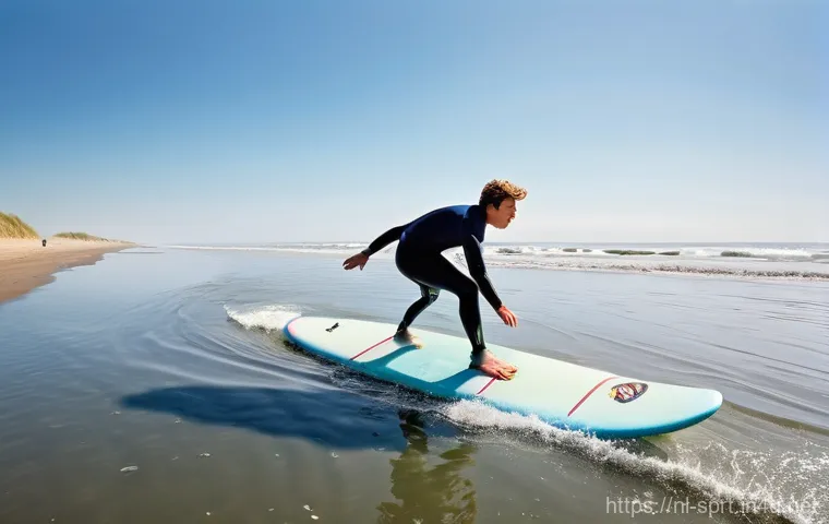 서핑보드 종류와 선택법 - **Prompt 1: First Ride on a Softtop in Zeeland**
    "A young, enthusiastic beginner surfer, in thei...