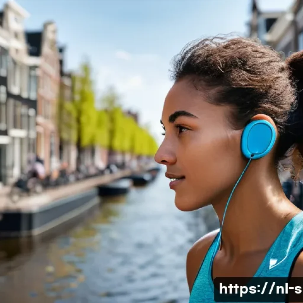 야외 운동용 무선 이어폰 - A vibrant outdoor scene in Amsterdam featuring a young athlete wearing lightweight wireless earbuds ...