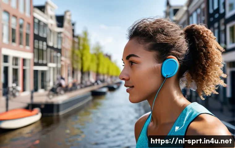 야외 운동용 무선 이어폰 - A vibrant outdoor scene in Amsterdam featuring a young athlete wearing lightweight wireless earbuds ...