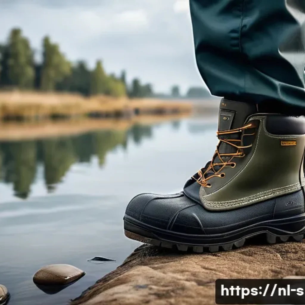 낚시용 장화 내구성 비교 - A detailed close-up of high-quality fisherman's boots made of natural rubber with reinforced double-...