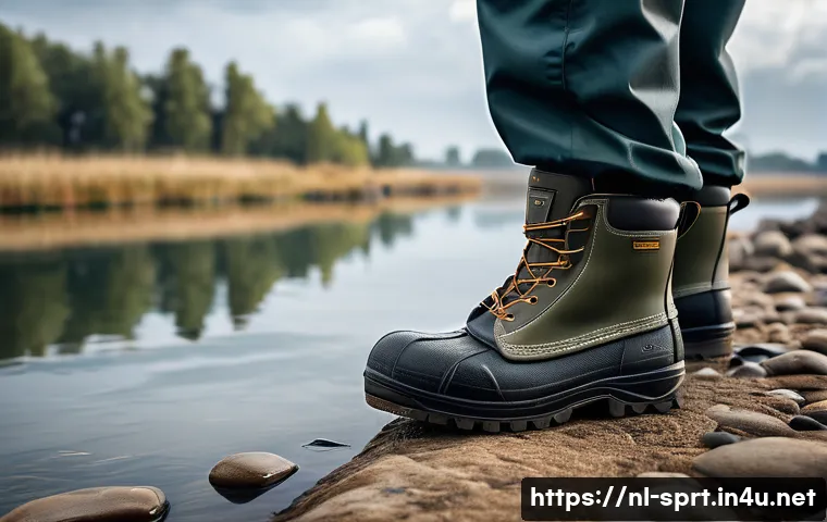 낚시용 장화 내구성 비교 - A detailed close-up of high-quality fisherman's boots made of natural rubber with reinforced double-...