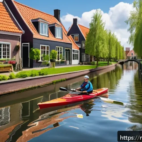 Home 32 초보자를 위한 카약 패들 길이 - A detailed scene showing a Dutch kayaker on a calm canal surrounded by typical Netherlands scenery: ...