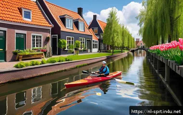 초보자를 위한 카약 패들 길이 - A detailed scene showing a Dutch kayaker on a calm canal surrounded by typical Netherlands scenery: ...