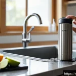 Home 19 스포츠 텀블러 세척 팁 - A modern stainless steel sports tumbler being cleaned in a bright kitchen setting, with warm water f...