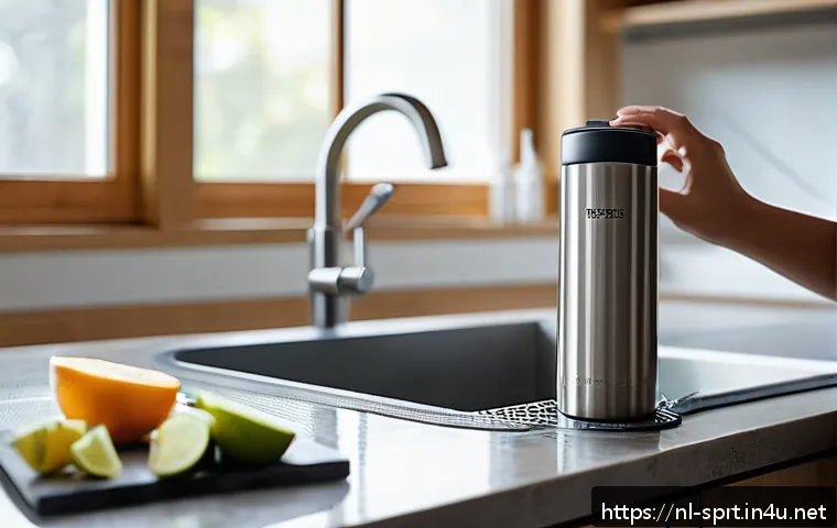 스포츠 텀블러 세척 팁 - A modern stainless steel sports tumbler being cleaned in a bright kitchen setting, with warm water f...