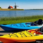 Home 18 스포츠카약과 레저카약 차이 - A detailed side-by-side comparison scene of two kayaks on a calm Dutch lake during a sunny day: on t...