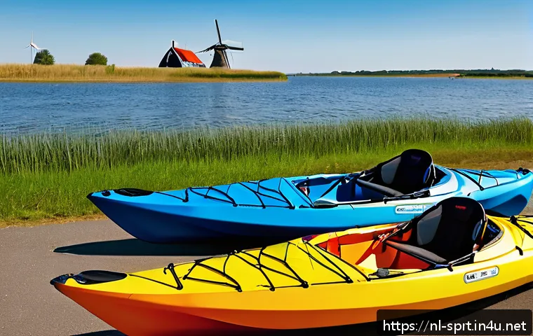 스포츠카약과 레저카약 차이 - A detailed side-by-side comparison scene of two kayaks on a calm Dutch lake during a sunny day: on t...