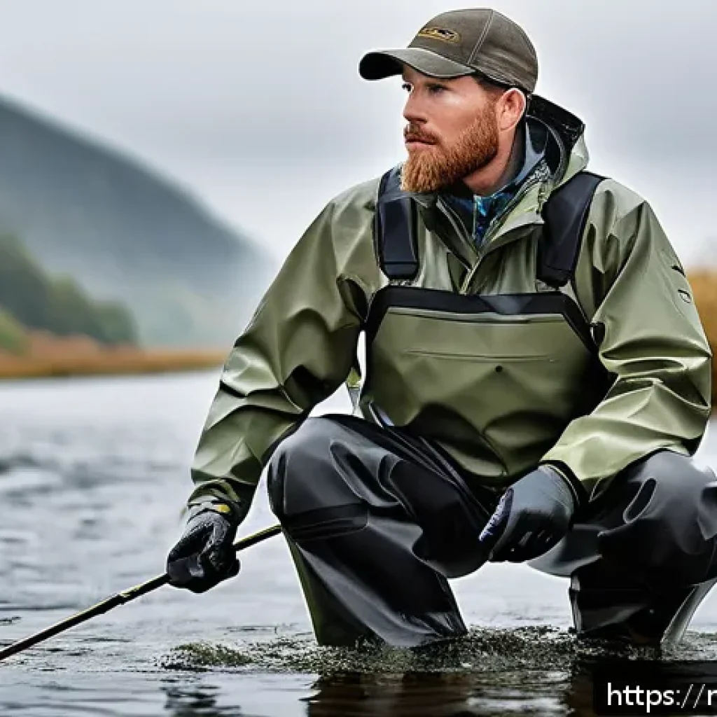 낚시 웨이더 추천 브랜드 - A professional angler standing knee-deep in a flowing Dutch river wearing a high-quality wading suit...