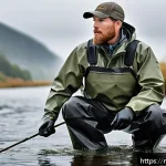 Home 23 낚시 웨이더 추천 브랜드 - A professional angler standing knee-deep in a flowing Dutch river wearing a high-quality wading suit...