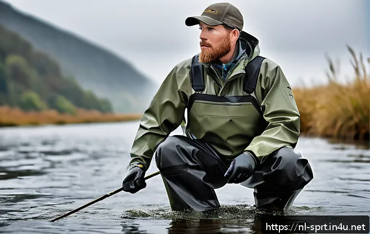 낚시 웨이더 추천 브랜드 - A professional angler standing knee-deep in a flowing Dutch river wearing a high-quality wading suit...
