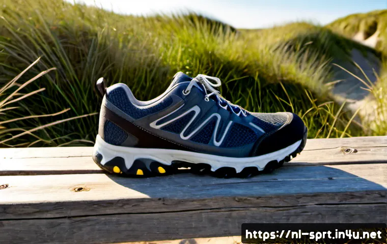 가벼운 등산화 추천 - Photorealistic lightweight hiking shoes placed on a weathered wooden bench beside a sandy Dutch dune...