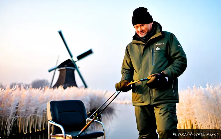 겨울철 피싱 방한복 리뷰 - Photorealistic winter fishing gear review scene on a calm Dutch canal at dawn, a middle-aged angler ...