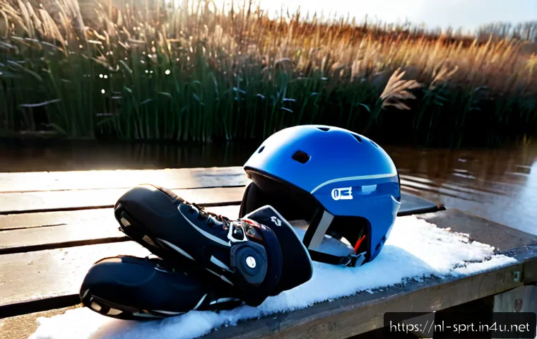 겨울철 동계 스포츠 안전장비 - Photorealistic winter sports safety equipment arranged neatly on a rustic wooden bench beside a snow...