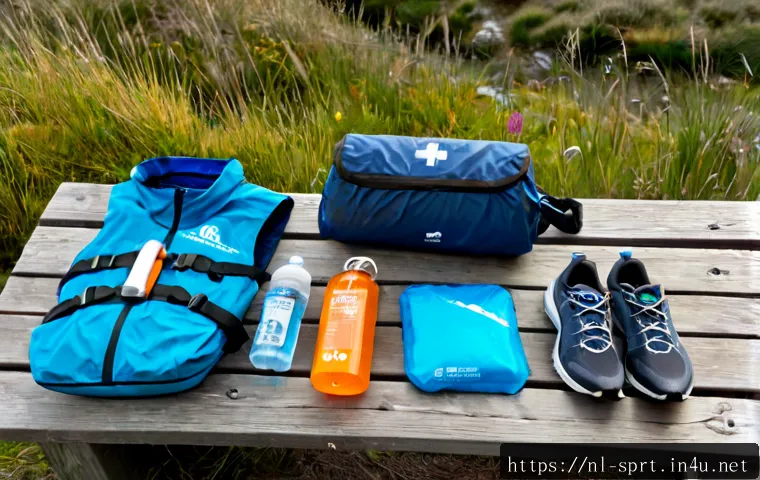 산악마라톤 필수 장비 - Photorealistic flat lay of essential trail marathon gear neatly arranged on a weathered wooden bench...